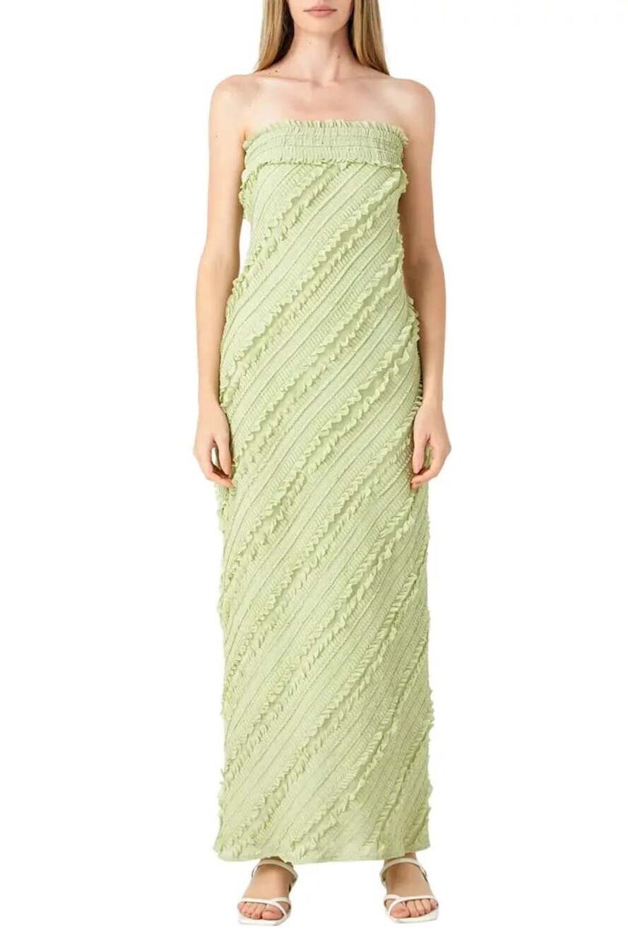 Caroline Constas Size Large Pistachio Green Strapless Ruffle Maxi Dress NWT